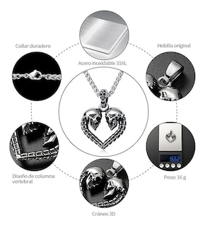 Foto 2 | Foto 2 | Collar De Corazón Belug Cadena De Calavera Acero Inoxidable Gótica Plata