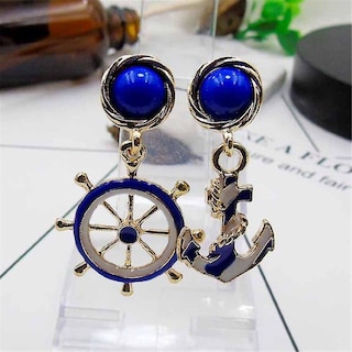 Foto 5 | Foto 5 | Pendientes Huoguo Para Mujer Color Azul Y Blanco Timón Ancla Marinero - Venta Internacional.