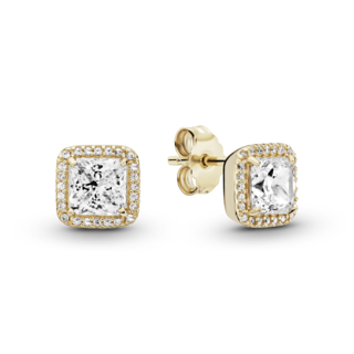 Foto 1 | Foto 1 | Aretes Pandora De Botón Oro 14k Cuadrados Con Halo Brillante 250327cz Baño De Oro 14k Joyería De Lujo Para Mujer Ideal