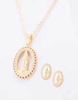Aretes Y Collar Religioso Marco Brillante The Golden Store Chapa De Oro 18k