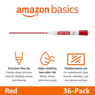 Foto 2 | Foto 2 | Rotuladores Para Pizarra Blanca De Borrado En Seco Amazon Basics Punta Fina Color Rojo 36 - Venta Internacional.