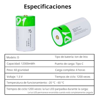 Foto 5 | Foto 5 | Paquete De 2 Pilas D Recargables Usb C 12,000mwh 1.5v Carga Rápida Alta Duración
