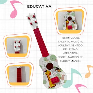Foto 5 | Foto 5 | Guitarra De Juguete Infantil Blanca Con Rojo Con Cuerdas Y Plumilla Diseño De Animales
