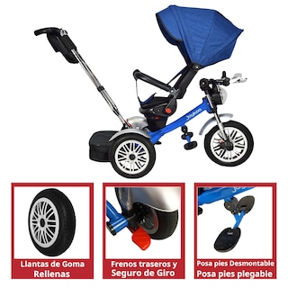 Foto 5 | Foto 5 | Triciclo para Niños Asiento Reclinable Giratorio 360 Sonido Llanta Goma - Azul