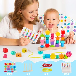 Foto 2 | Foto 2 | Juego De Juguetes Montessori De Cuentas De Madera Para Secuenciar, Apilar Y Atar - Venta Internacional.