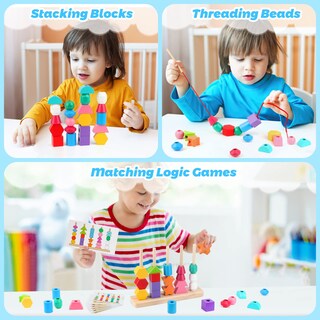 Foto 7 | Foto 7 | Juego De Juguetes Montessori De Cuentas De Madera Para Secuenciar, Apilar Y Atar - Venta Internacional.