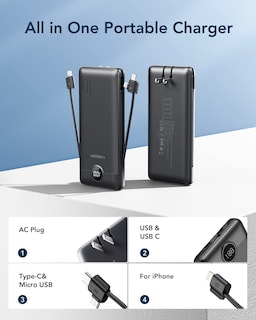 Foto 2 | Foto 2 | Cargador Portátil Veger De 10000 Mah Con Cables Integrados, Color Negro - Venta Internacional.