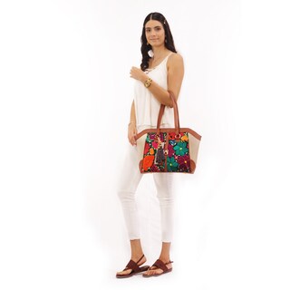 Foto 2 | Foto 2 | Bolso Tote A Ángelozano Modelo Maya De Piel Telar Artesanal Flores Color Oro Ligth