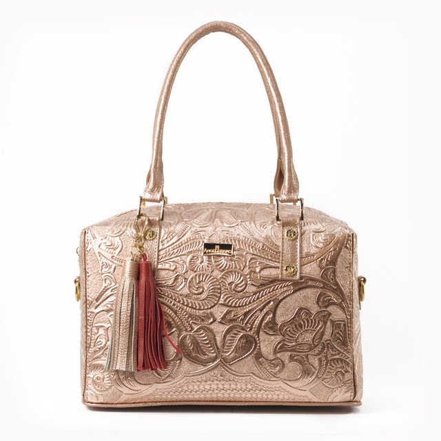 Bolso Tote A Ángelozano Modelo Mercedes De Piel Grabada Tipo Cincelado Color Oro Rosado