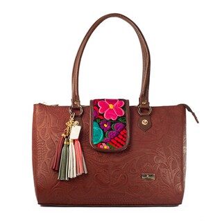 Foto 1 | Foto 1 | Bolso Tote A Ángelozano Modelo Flora De Piel Con Tapa Y Telar Artesanal Color Café