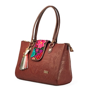 Foto 3 | Foto 3 | Bolso Tote A Ángelozano Modelo Flora De Piel Con Tapa Y Telar Artesanal Color Café