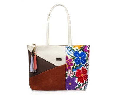 Foto 1 | Foto 1 | Bolso Tipo Tote A Ángelozano De Piel Vacuna Con Telar Artesanal Y Gamuza, Modelo Gabriela