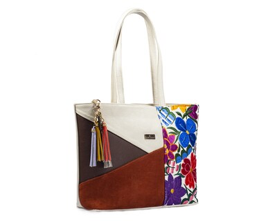 Foto 8 | Foto 8 | Bolso Tipo Tote A Ángelozano De Piel Vacuna Con Telar Artesanal Y Gamuza, Modelo Gabriela
