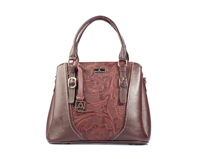Foto 1 | Foto 1 | Bolso Satchel A Ángelozano De Piel Vacuna Con Grabado Tipo Cincelado, Color Café, Modelo Lourdes
