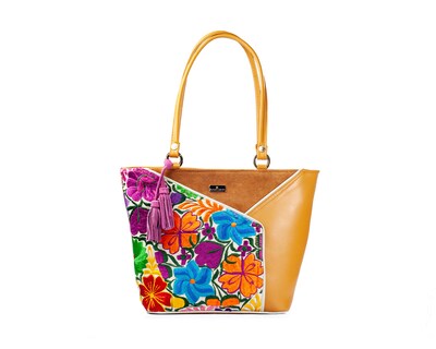 Foto 1 | Foto 1 | Bolso Tote A Ángelozano De Piel Vacuna Con Telar Artesanal, Color Camel, Modelo Florentina Negro, Modelo Graciela