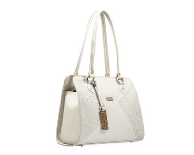 Foto 7 | Foto 7 | Bolso Tipo Tote A Ángelozano De Piel Vacuna Con Grabado Tipo Cincelado, Color Hueso, Modelo Salma