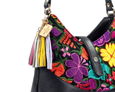 Foto 7 | Foto 7 | Bolso Hobo A Ángelozano De Piel Vacuna Con Telar Flores, Color Negro, Modelo Magali