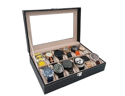Foto 4 | Foto 4 | Estuche Alhajero Organizador De Relojes Y Joyas 12 Espacios Elegante Con Almohadillas De Terciopelo Piel Negro-gris
