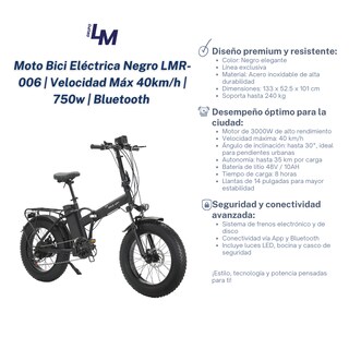Foto 6 | Foto 6 | Moto Bici Eléctrica Negro LMR-006 Race Way Velocidad Máx 40km/h 750w Bluetooth Bocina Y Casco