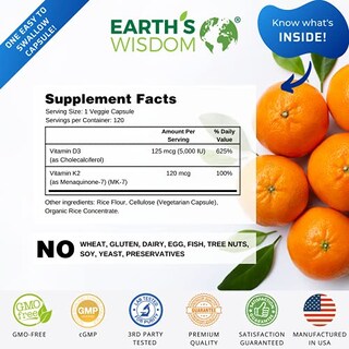 Foto 3 | Foto 3 | Suplemento Earth's Wisdom De Vitamina D3 5000 Ui Con K2 Mk7 120 C - Venta Internacional.