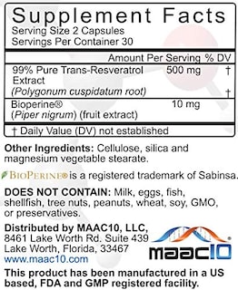 Foto 2 | Foto 2 | Suplemento Maac10 Trans Resveratrol 500 Mg Con Bioperine 60 Unidades - Venta Internacional.