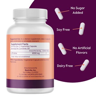 Foto 2 | Foto 2 | Suplemento Bestvite L-prolina 500 Mg (120 Cápsulas) Vegano - Venta Internacional.