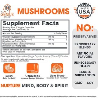 Foto 2 | Foto 2 | Suplemento Genius Mushroom Lions Mane, Cordyceps, Reishi, 90 Pastillas - Venta Internacional.