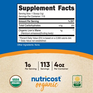 Foto 2 | Foto 2 | Suplemento Nutricost De Hongos Orgánicos Lion's Mane En Polvo, 120 Ml - Venta Internacional.