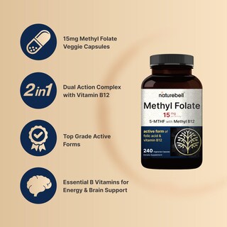 Foto 3 | Foto 3 | Suplemento De Metilfolato De 15 Mg De Naturebell Con 1000 Mcg De Metil B12 - Venta Internacional.