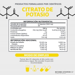 Foto 5 | Foto 5 | Suplemento Alimenticio Beyond Vitamins Citrato De Potasio 1000mg | Platano En Polvo, Curcuma Y Semilla De Uva 60 Cápsulas
