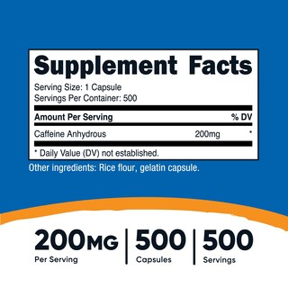 Foto 2 | Foto 2 | Píldoras De Cafeína Nutricost 200 Mg/porción 500 Cápsulas - Venta Internacional.