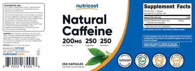 Foto 6 | Foto 6 | Suplemento Nutricost De Cafeína Natural 200 Mg 250 Cápsulas - Venta Internacional.