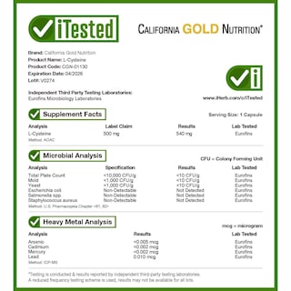 Foto 4 | Foto 4 | Suplemento California Gold Nutrition L-cisteína 500 Mg 60 Cápsulas - Venta Internacional.