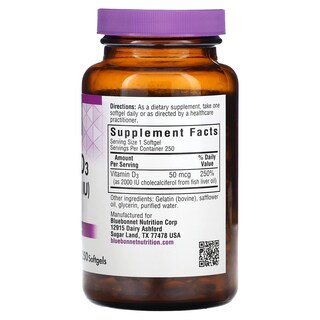 Foto 2 | Foto 2 | Suplemento Bluebonnet Nutrition De Vitamina D3 2000 Ui 250 Cápsulas Blandas - Venta Internacional.