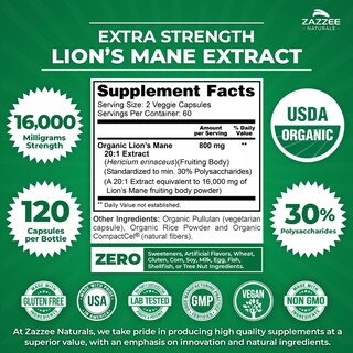 Foto 3 | Foto 3 | Suplemento De Extracto Orgánico De Melena De León 20:1 De Zazzee Usda, 16000 Mg - Venta Internacional.
