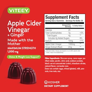 Foto 4 | Foto 4 | Complemente Las Gomitas De Vinagre De Sidra De Manzana Viteey De 1000 Mg Con Jengibre - Venta Internacional.