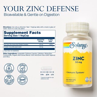 Foto 2 | Foto 2 | Suplemento Solaray Zinc 50 Mg Para Apoyo Inmunológico, 100 Cápsulas - Venta Internacional.