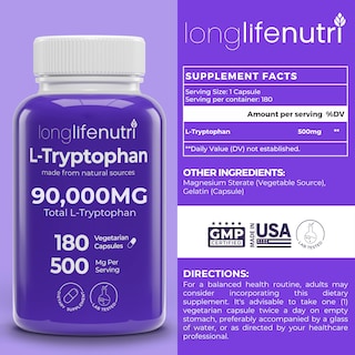 Foto 2 | Foto 2 | Suplemento Longlifenutri L-triptófano 500 Mg 180 Cápsulas - Venta Internacional.