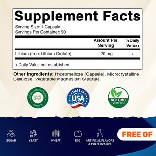 Foto 2 | Foto 2 | Suplemento Vitamático De Orotato De Litio 20 Mg 90 Cápsulas - Venta Internacional.