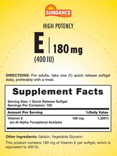 Foto 2 | Foto 2 | Suplemento De Vitamina E De Sundance, 180 Mg (400 Ui), 100 Cápsulas Blandas - Venta Internacional.