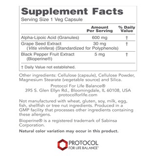 Foto 2 | Foto 2 | Suplemento Protocol De Ácido Alfa Lipoico 600 Mg Con Extracto De Semilla De Uva 60 Cápsulas - Venta Internacional.