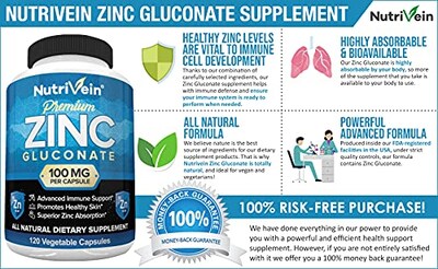 Foto 2 | Foto 2 | Suplemento Nutrivein Premium De Gluconato De Zinc 100 Mg 120 Cápsulas - Venta Internacional.