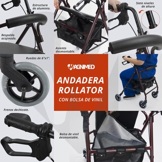 Foto 5 | Foto 5 | Andadera Rollator Vino Con Bolsa De Vinil | Estructura De Aluminio, Ajuste De Altura, Ruedas Y Frenos