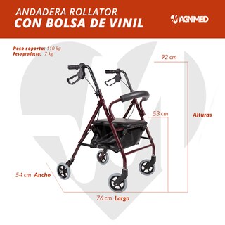 Foto 6 | Foto 6 | Andadera Rollator Vino Con Bolsa De Vinil | Estructura De Aluminio, Ajuste De Altura, Ruedas Y Frenos