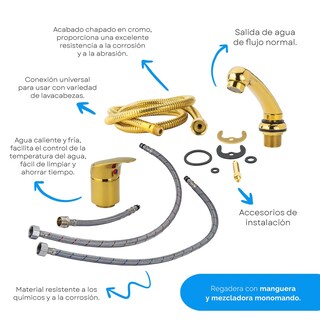 Foto 5 | Foto 5 | Regadera Con Manguera Y Mezcladora Monomando Dorado Letmex X-601g