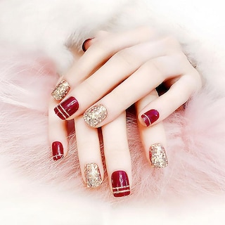 Foto 3 | Foto 3 | Uñas Postizas Huoguo Color Rojo Vino Con Purpurina Dorada 24 Unidades - Venta Internacional.