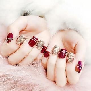 Foto 4 | Foto 4 | Uñas Postizas Huoguo Color Rojo Vino Con Purpurina Dorada 24 Unidades - Venta Internacional.