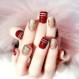 Foto 5 | Foto 5 | Uñas Postizas Huoguo Color Rojo Vino Con Purpurina Dorada 24 Unidades - Venta Internacional.