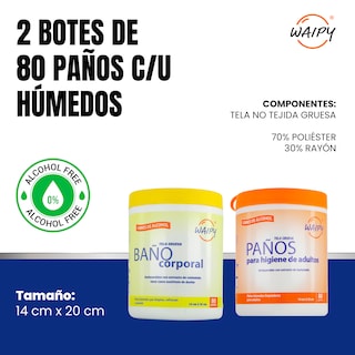 Foto 3 | Foto 3 | Paños Baño Corporal Y Toallitas Húmedas Para Adultos Waipy| Limpieza Profunda Refresco y Suavidad Libre de Alcohol 2 Pack