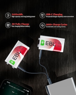 Foto 2 | Foto 2 | Baterías Recargables De Litio Ebl 5400 Mwh De 9 V Paquete De 4 Con Cable - Venta Internacional.